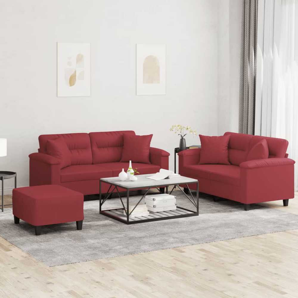 Sofa Sofos komplektas su pagalvėmis, 3 dalių, vyno, dirbtinė oda
