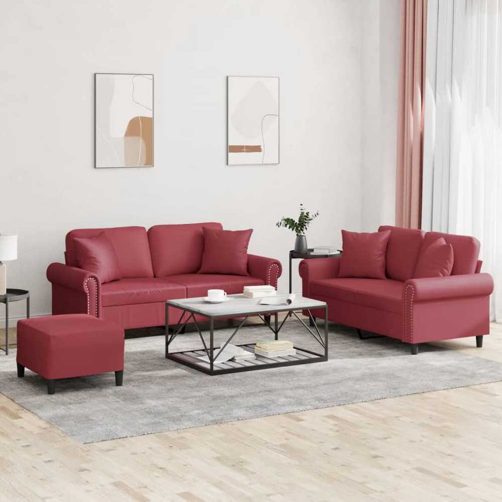 Sofa Sofos komplektas su pagalvėmis, 3 dalių, vyno, dirbtinė oda