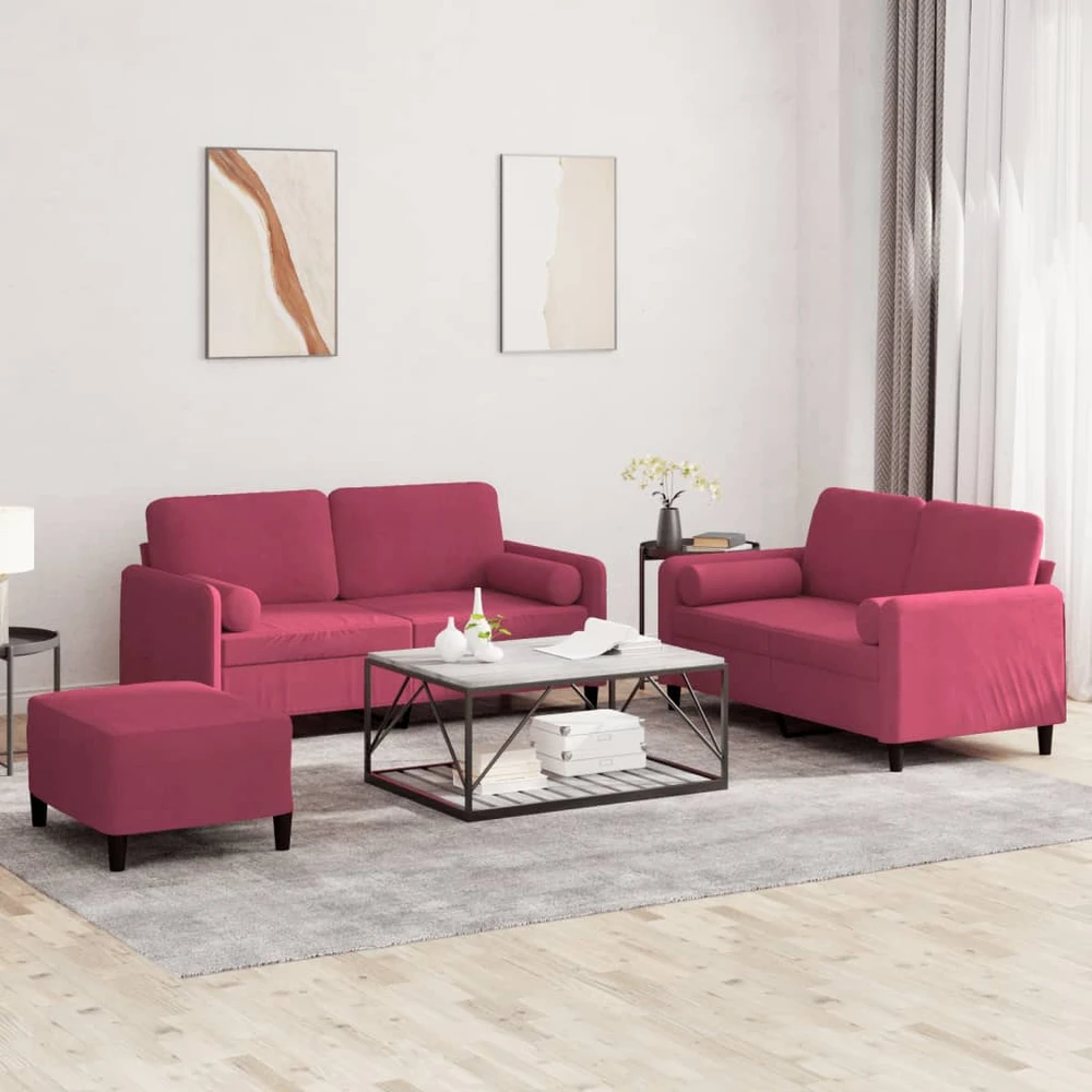 Sofa Sofos komplektas su pagalvėmis, 3 dalių, vyno, aksomas