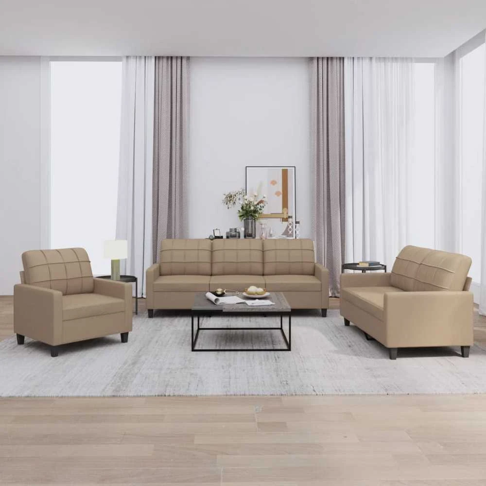 Sofa Sofos komplektas su pagalvėmis, 3 dalių, kapučino, dirbtinė oda