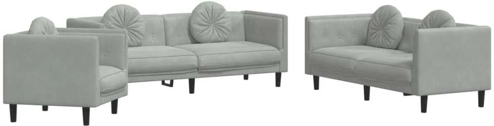 Sofa Sofos komplektas su pagalvėmis, 3 dalių, pilkas, aksomas