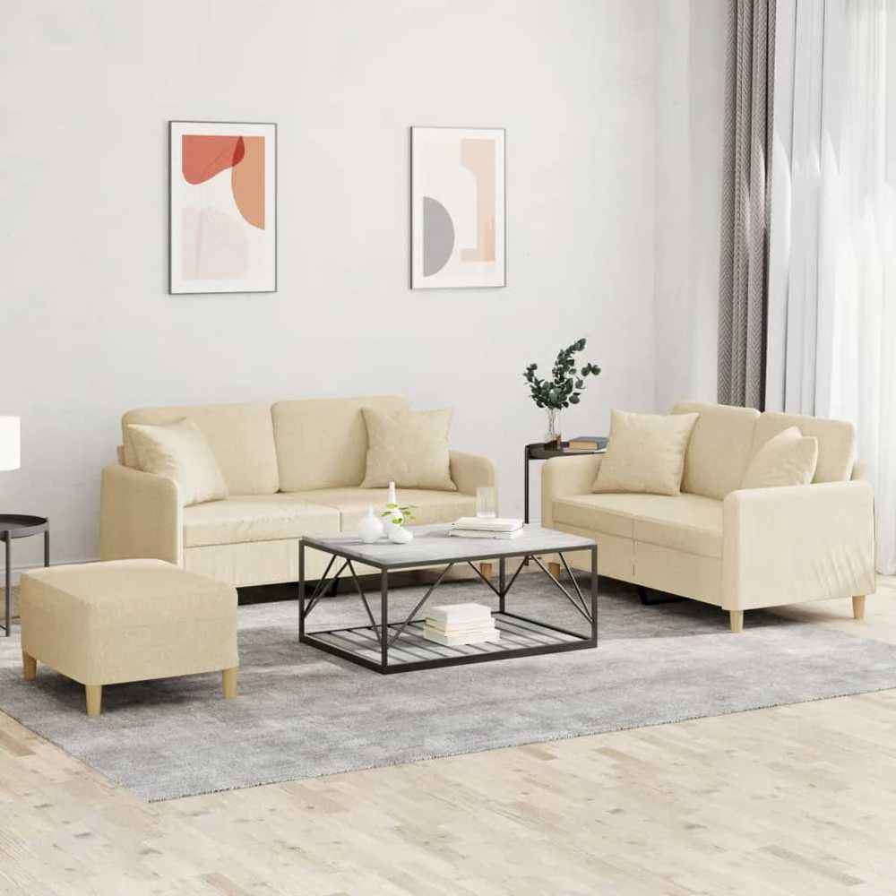 Sofa Sofos komplektas su pagalvėmis, 3 dalių, kreminis, audinys