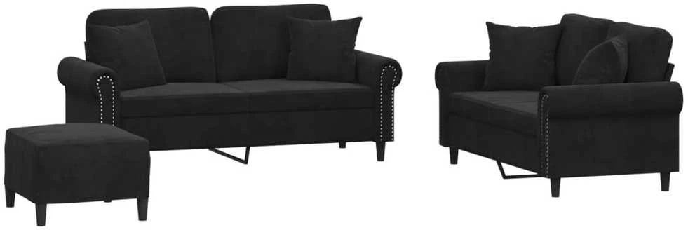 Sofa Sofos komplektas su pagalvėmis, 3 dalių, juodas, aksomas