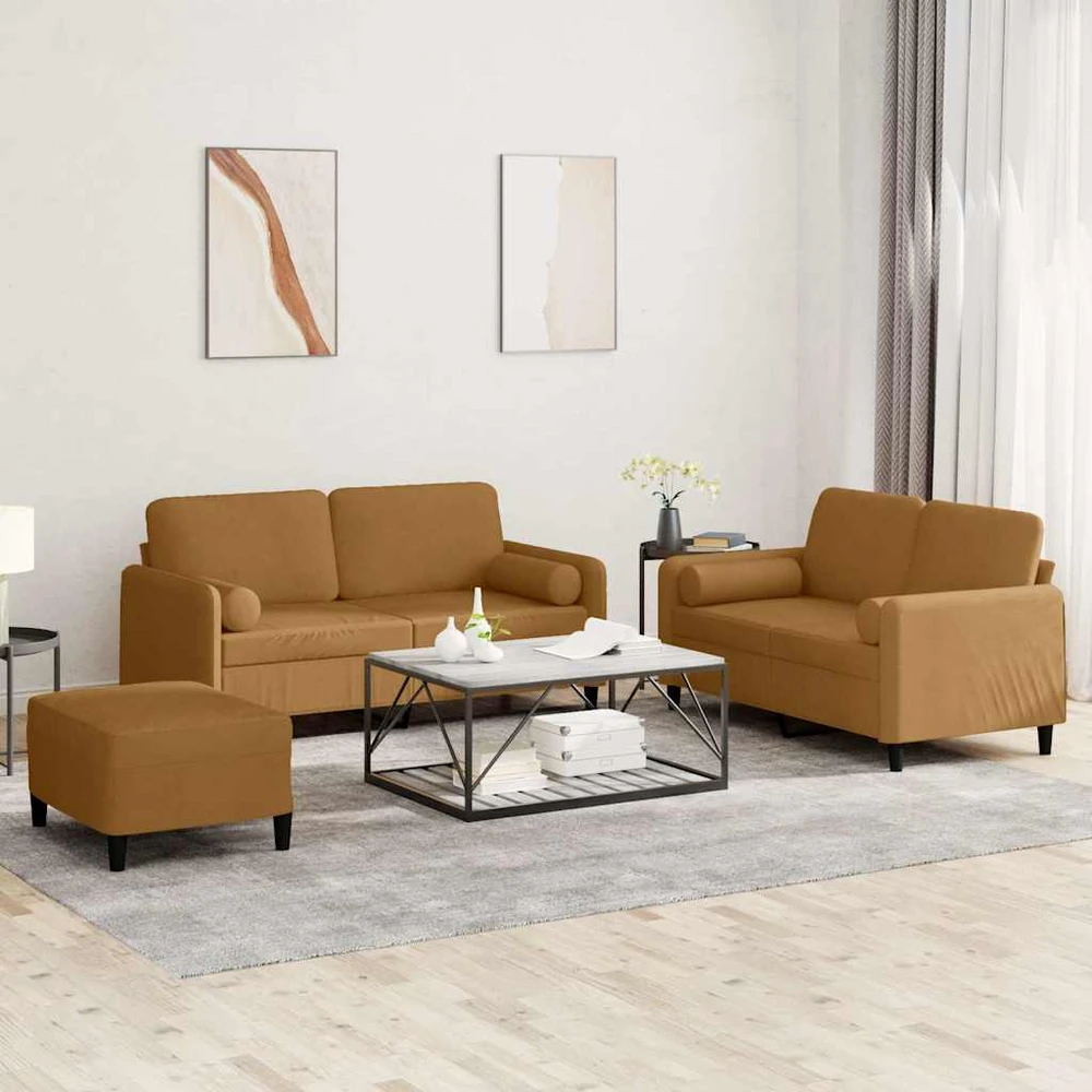 Sofa Sofos komplektas su pagalvėmis, 3 dalių, rudas, aksomas