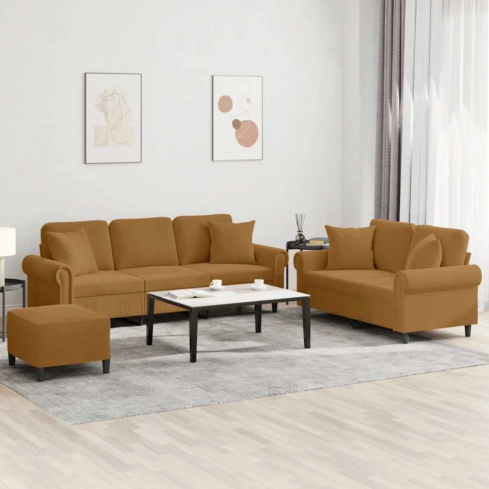 Sofa Sofos komplektas su pagalvėmis, 3 dalių, rudas, aksomas
