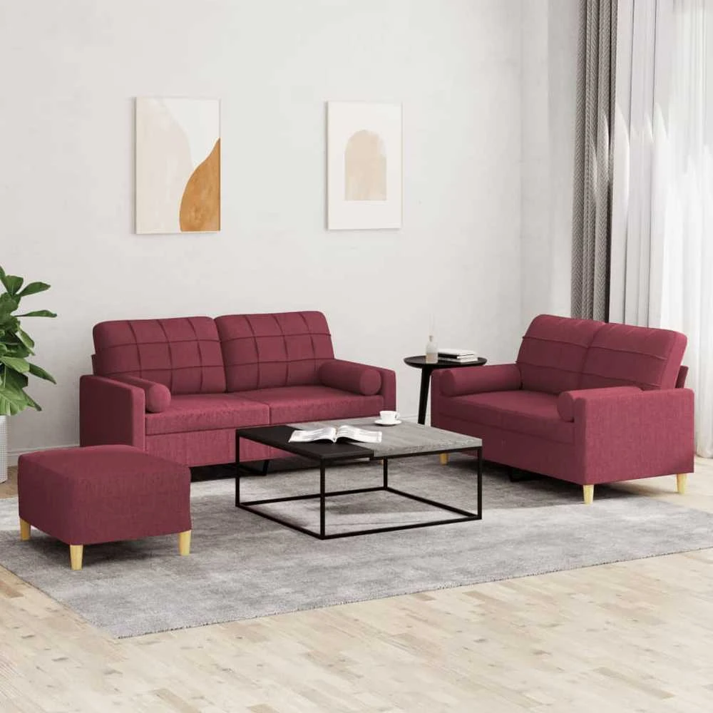 Sofa Sofos komplektas su pagalvėmis, 3 dalių, vyno, audinys