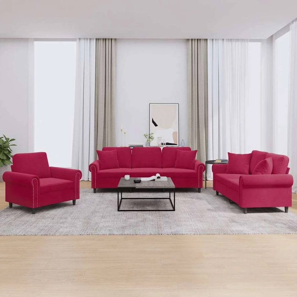 Sofa Sofos komplektas su pagalvėmis, 3 dalių, vyno, aksomas