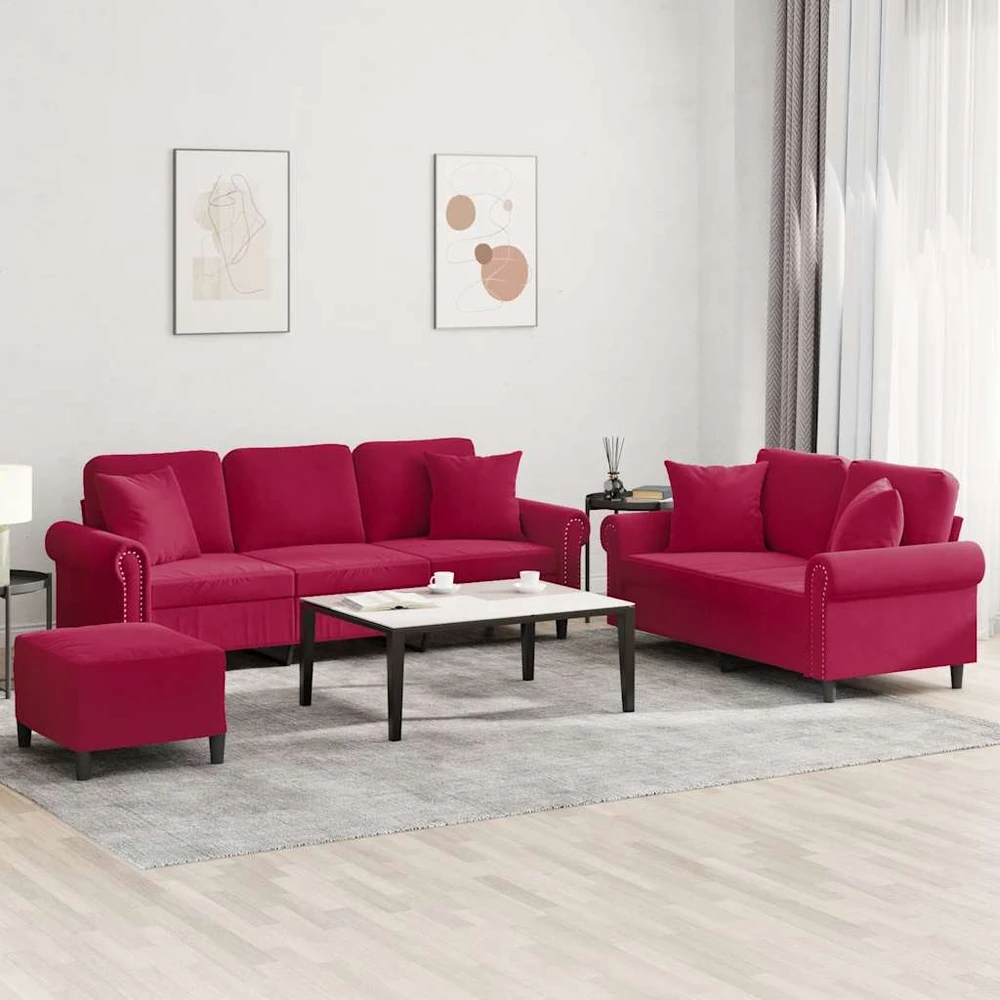Sofa Sofos komplektas su pagalvėmis, 3 dalių, vyno, aksomas