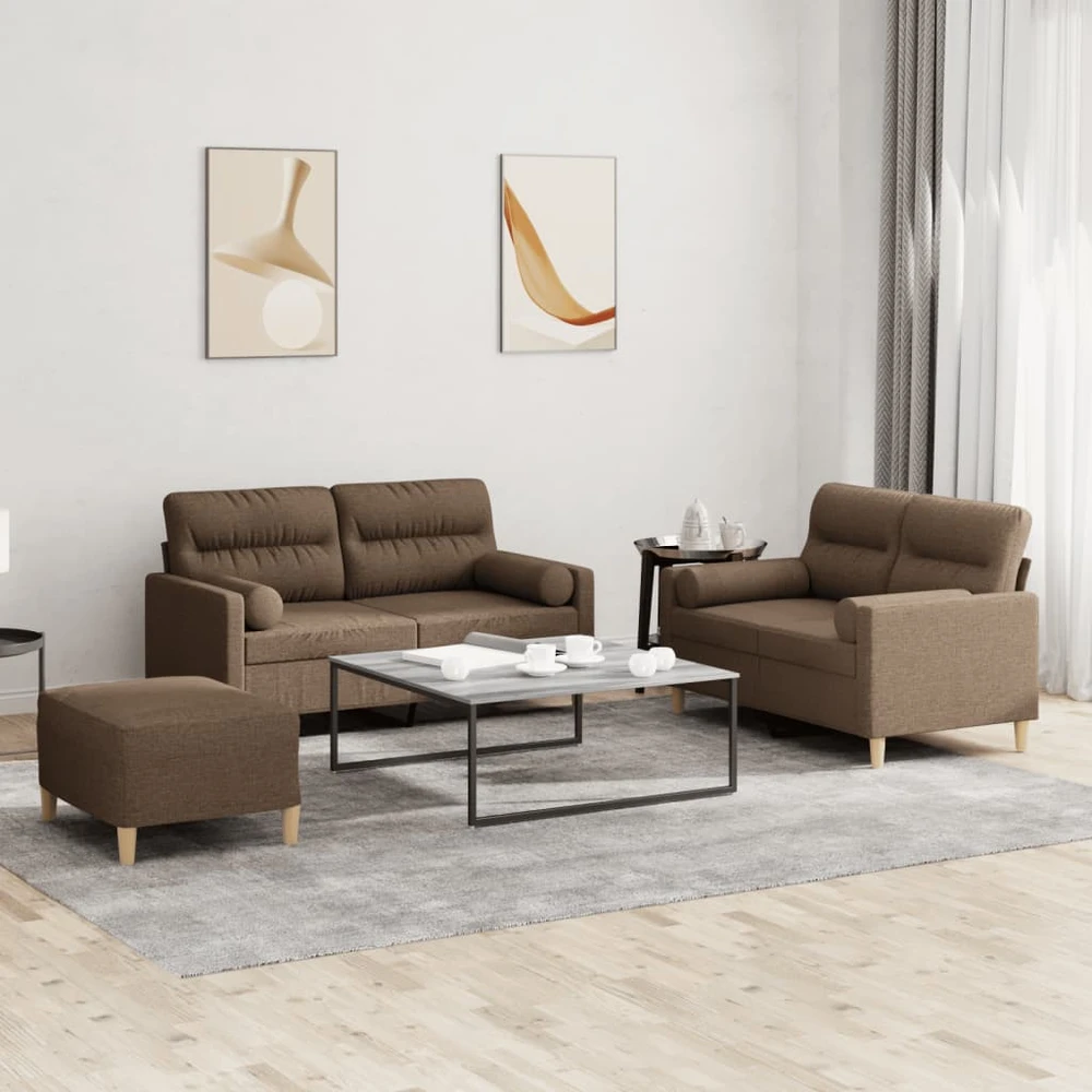 Sofa Sofos komplektas su pagalvėmis, 3 dalių, rudas, audinys