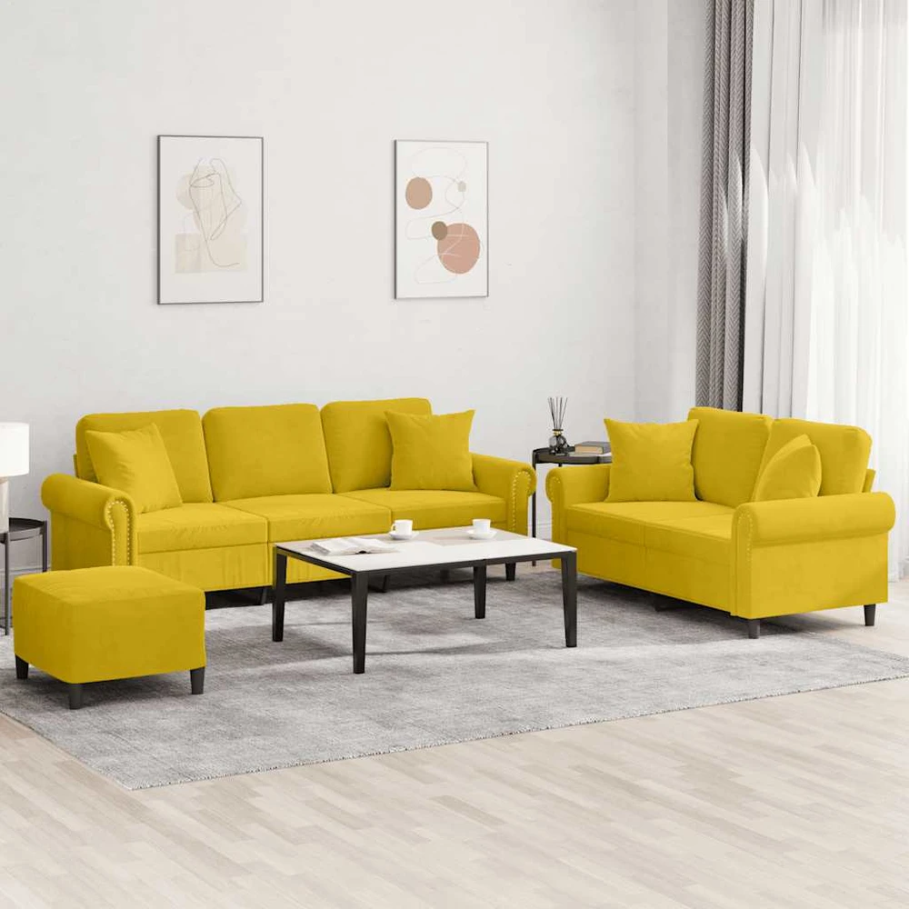 Sofa Sofos komplektas su pagalvėmis, 3 dalių, geltonas, aksomas