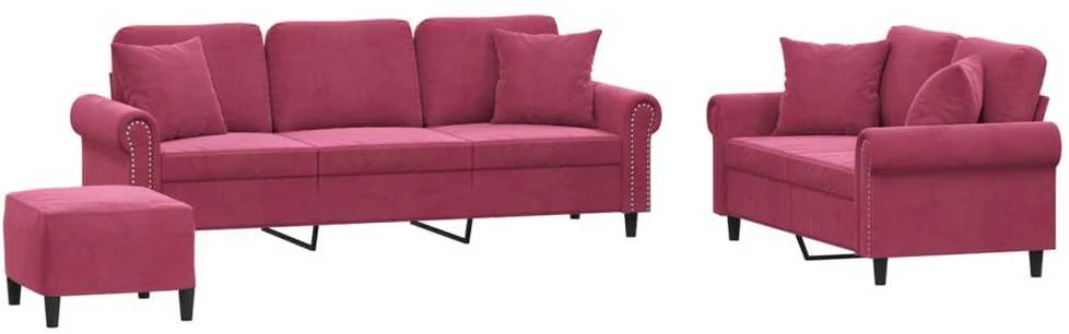 Sofa Sofos komplektas su pagalvėmis, 3 dalių, vyno, aksomas