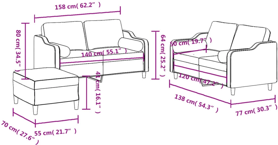 Sofa Sofos komplektas su pagalvėmis, 3 dalių, kreminis, audinys