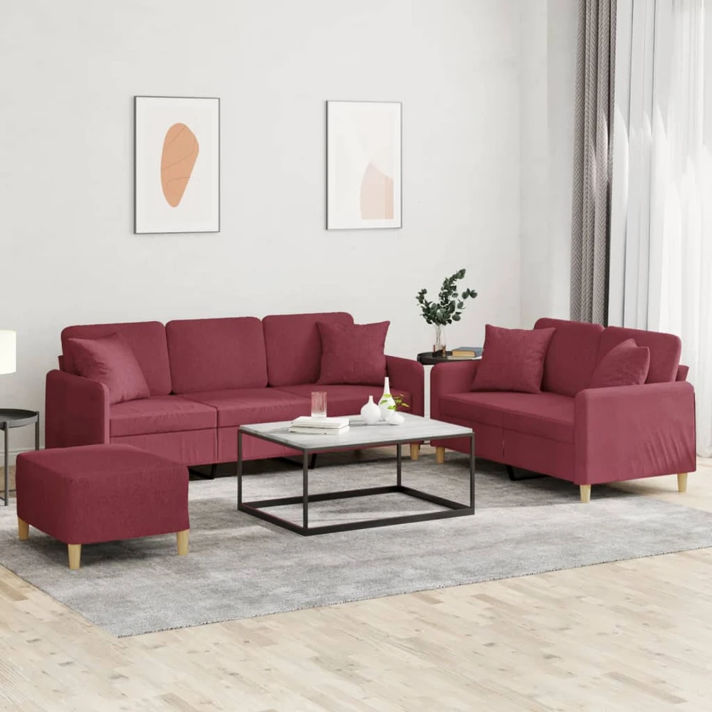 Sofa Sofos komplektas su pagalvėmis, 3 dalių, vyno, audinys