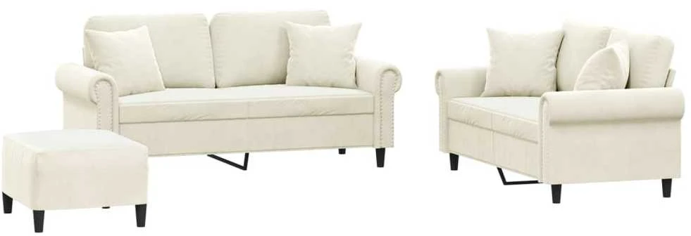 Sofa Sofos komplektas su pagalvėmis, 3 dalių, kreminis, aksomas
