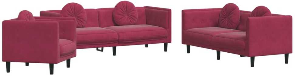 Sofa Sofos komplektas su pagalvėmis, 3 dalių, vyno, aksomas