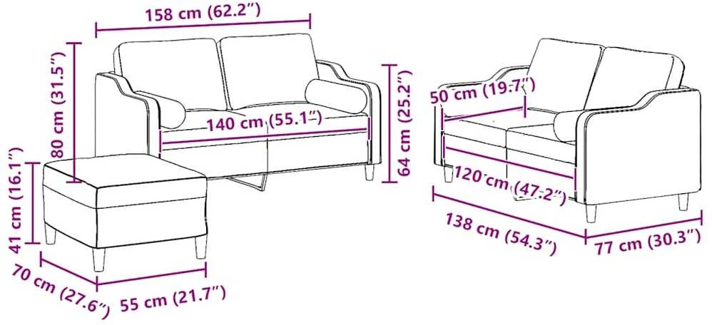Sofa Sofos komplektas su pagalvėmis, 3 dalių, pilkas, audinys
