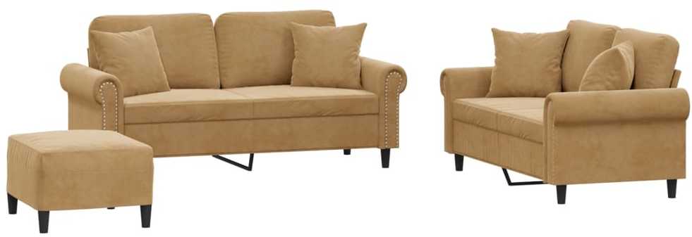 Sofa Sofos komplektas su pagalvėmis, 3 dalių, rudas, aksomas