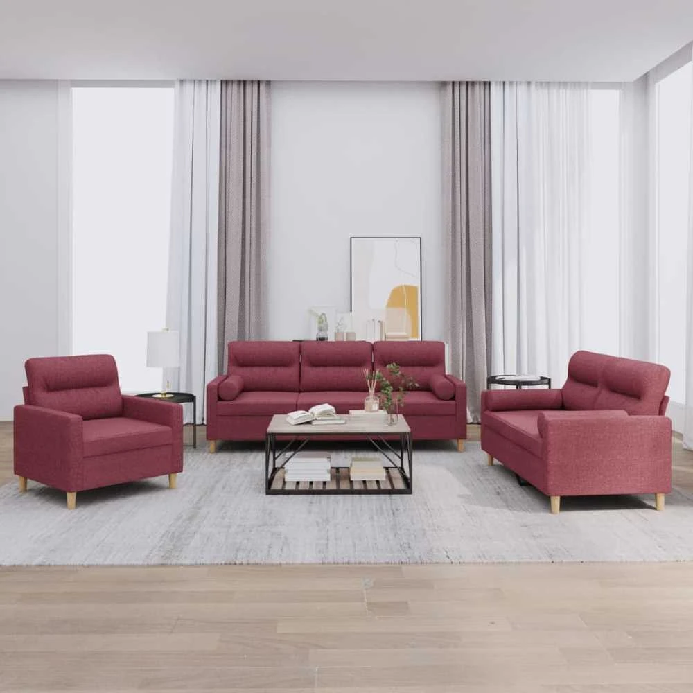 Sofa Sofos komplektas su pagalvėmis, 3 dalių, vyno, audinys