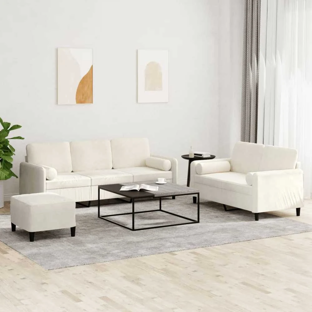 Sofa Sofos komplektas su pagalvėmis, 3 dalių, kreminis, aksomas