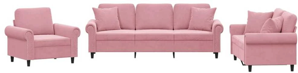 Sofa Sofos komplektas su pagalvėmis, 3 dalių, rožinis, aksomas