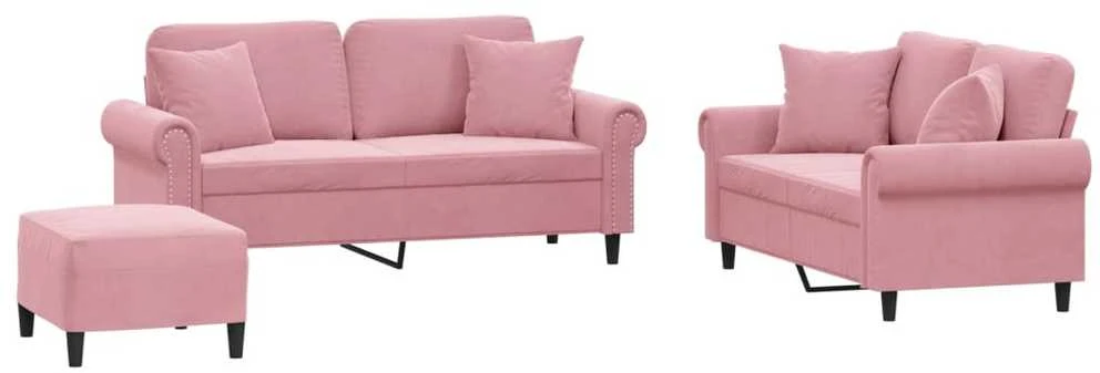 Sofa Sofos komplektas su pagalvėmis, 3 dalių, rožinis, aksomas