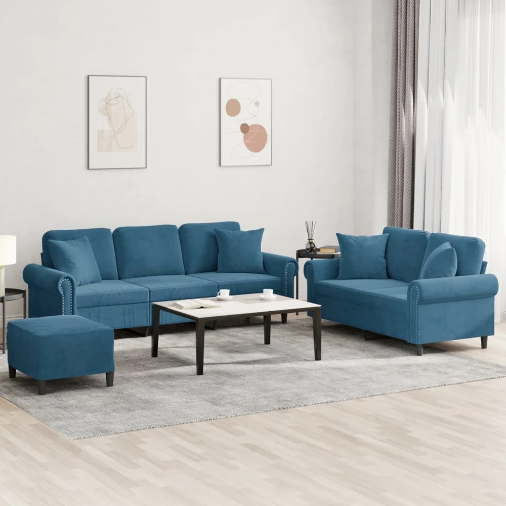 Sofa Sofos komplektas su pagalvėmis, 3 dalių, mėlynas, aksomas
