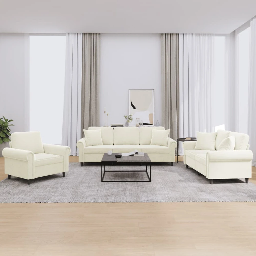 Sofa Sofos komplektas su pagalvėmis, 3 dalių, kreminis, aksomas