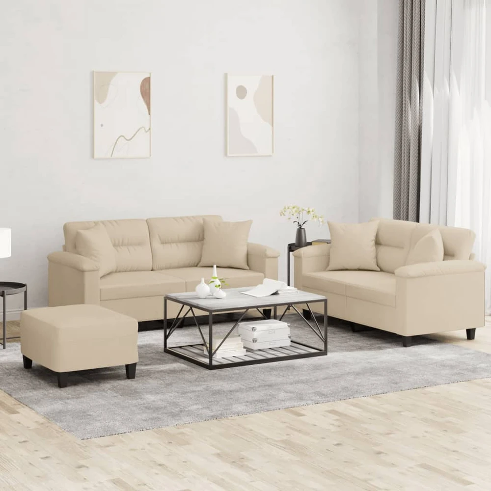 Sofa Sofos komplektas su pagalvėmis, 3 dalių, kreminis, audinys