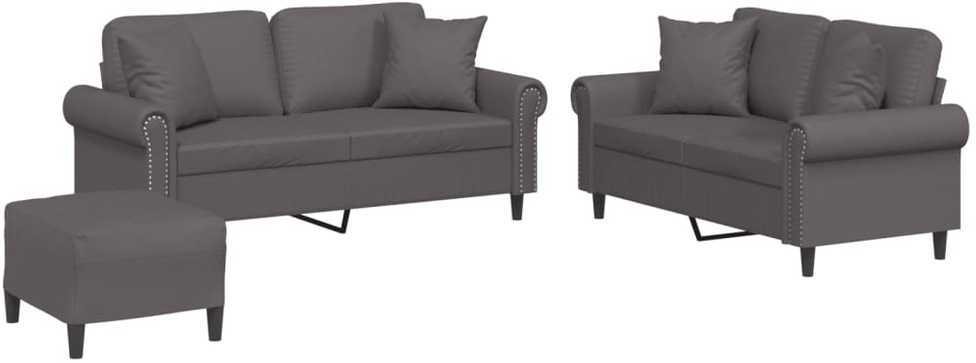 Sofa Sofos komplektas su pagalvėmis, 3 dalių, pilkas, dirbtinė oda