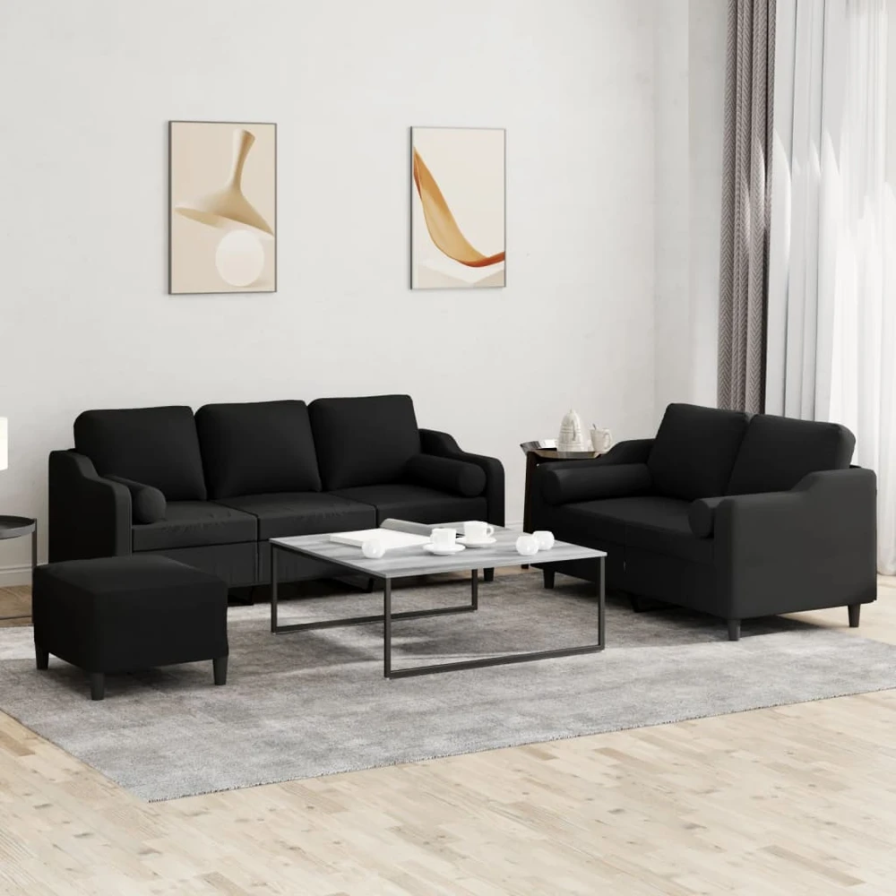 Sofa Sofos komplektas su pagalvėmis, 3 dalių, juodas, audinys