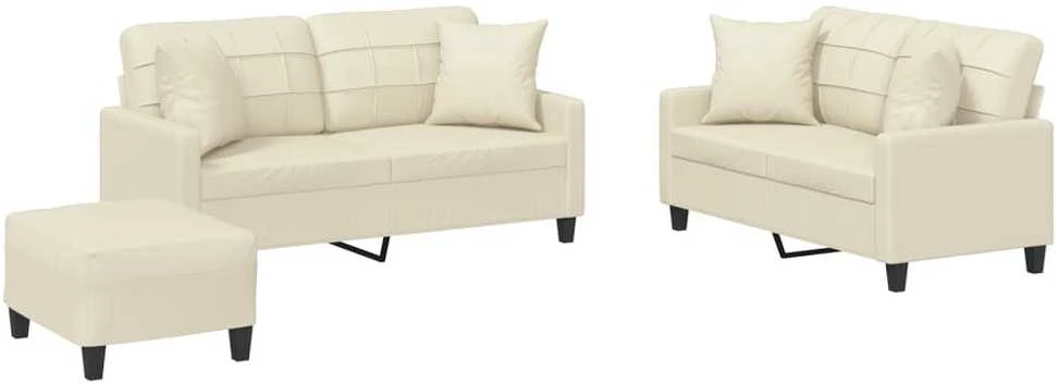 Sofa Sofos komplektas su pagalvėmis, 3 dalių, kreminis, dirbtinė oda