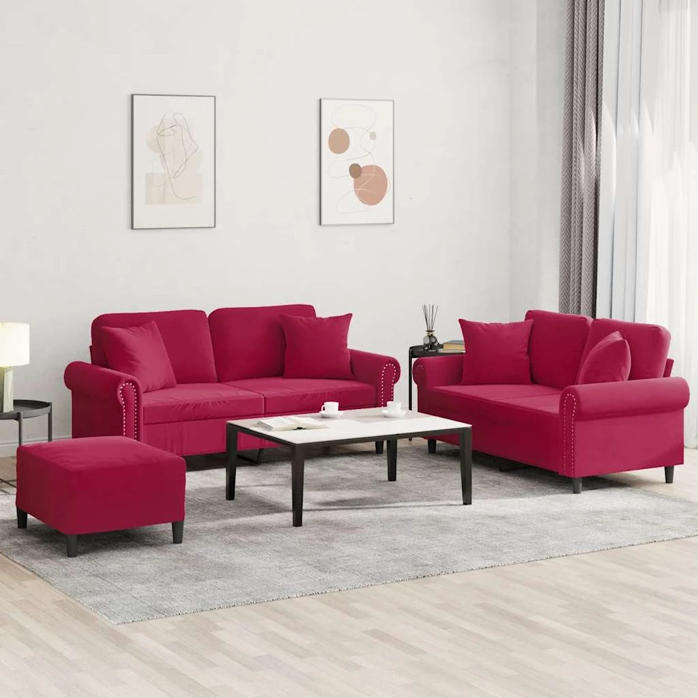 Sofa Sofos komplektas su pagalvėmis, 3 dalių, vyno, aksomas