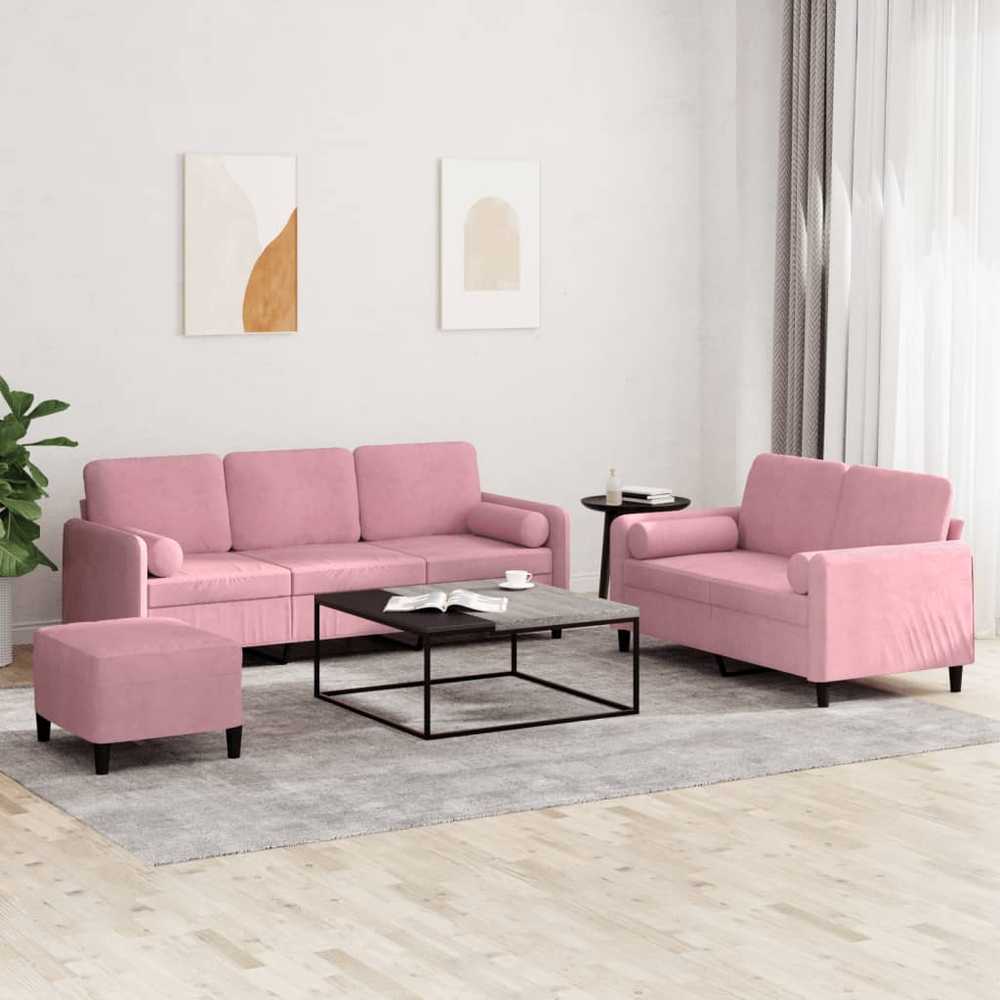 Sofa Sofos komplektas su pagalvėmis, 3 dalių, rožinis, aksomas