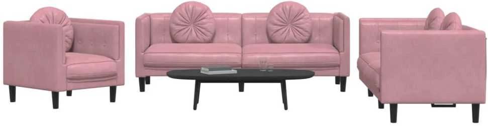 Sofa Sofos komplektas su pagalvėmis, 3 dalių, rožinis, aksomas