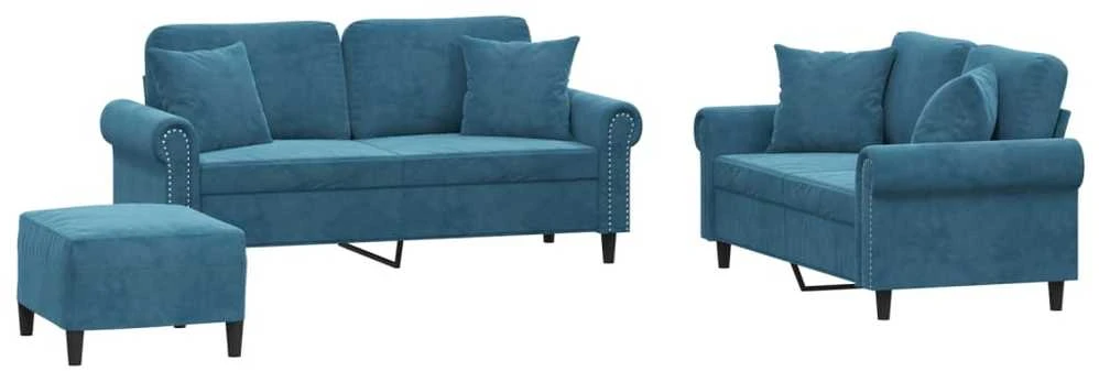 Sofa Sofos komplektas su pagalvėmis, 3 dalių, mėlynas, aksomas