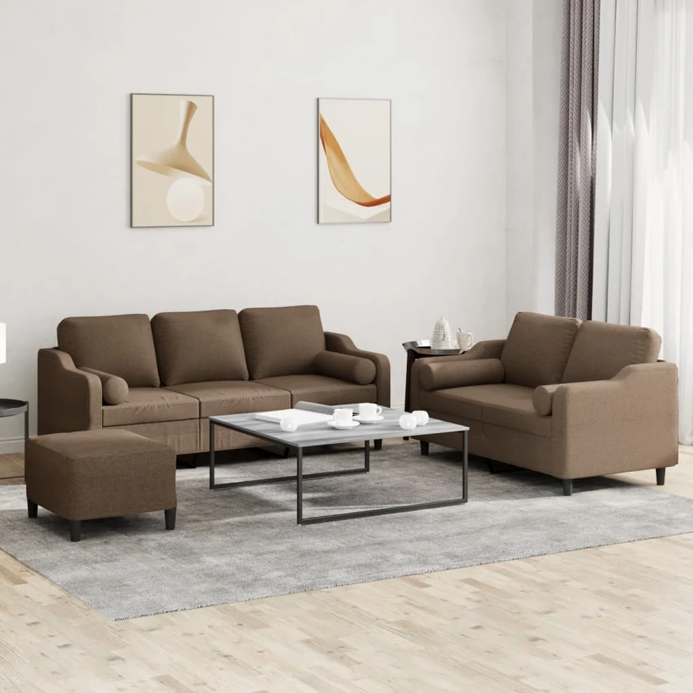 Sofa Sofos komplektas su pagalvėmis, 3 dalių, rudas, audinys