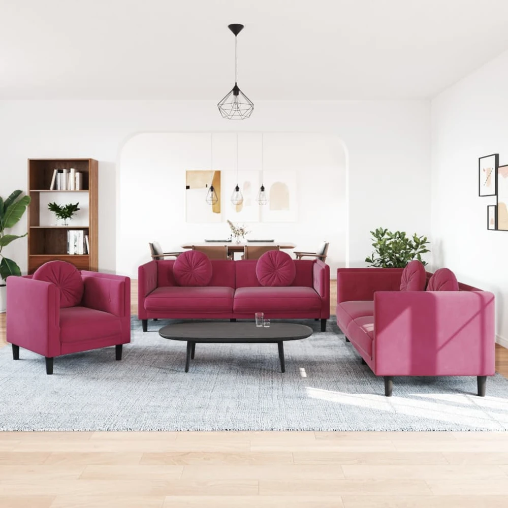 Sofa Sofos komplektas su pagalvėmis, 3 dalių, vyno, aksomas