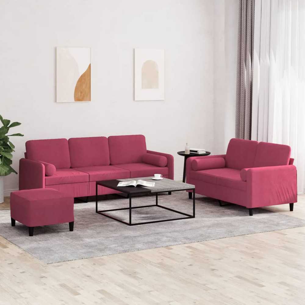 Sofa Sofos komplektas su pagalvėmis, 3 dalių, vyno, aksomas