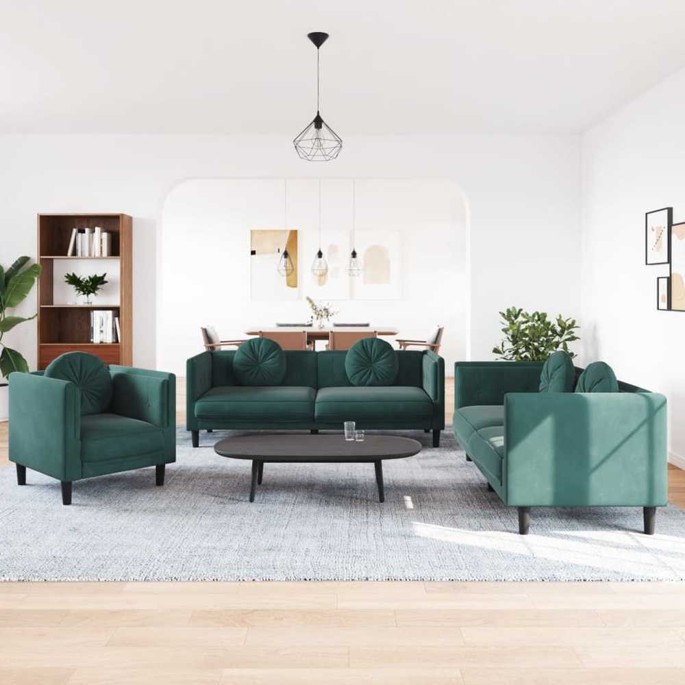 Sofa Sofos komplektas su pagalvėmis, 3 dalių, žalias, aksomas