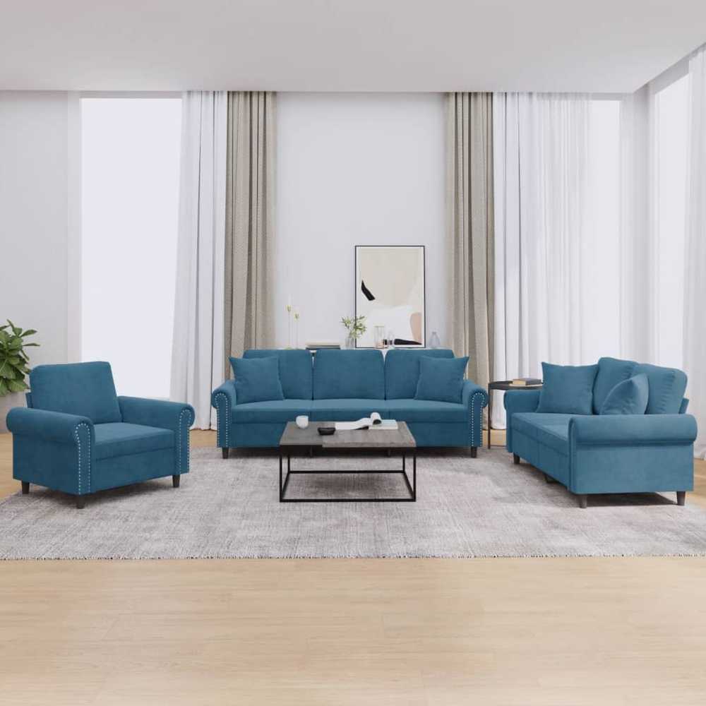Sofa Sofos komplektas su pagalvėmis, 3 dalių, mėlynas, aksomas