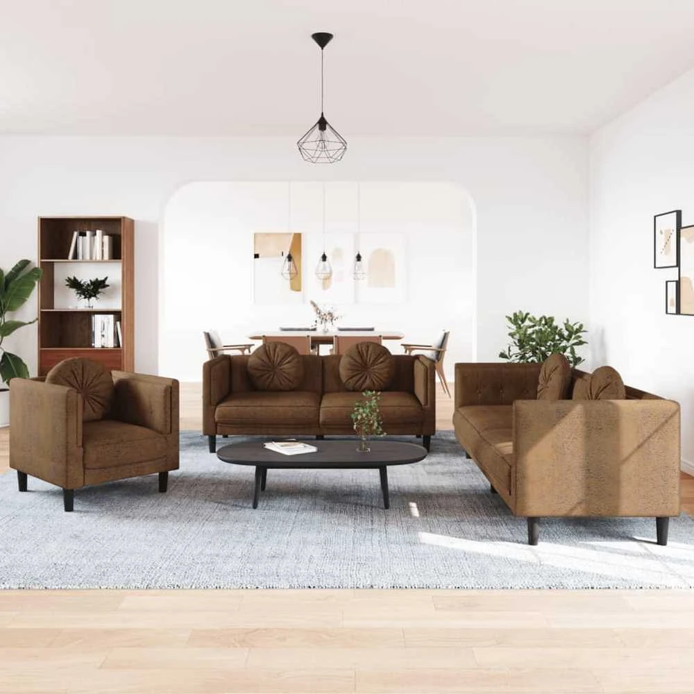Sofa Sofos komplektas su pagalvėmis, 3 dalių, rudas, aksomas