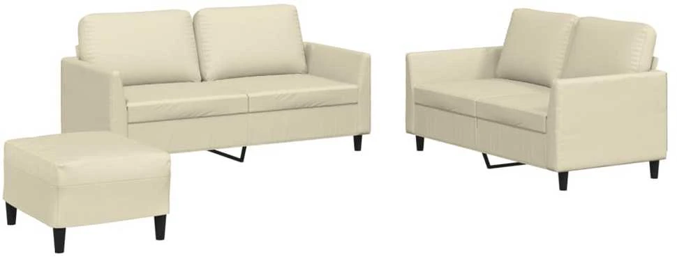 Sofa Sofos komplektas su pagalvėmis, 3 dalių, kreminis, dirbtinė oda