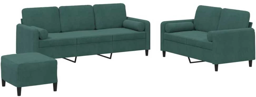 Sofa Sofos komplektas su pagalvėmis, 3 dalių, žalias, aksomas