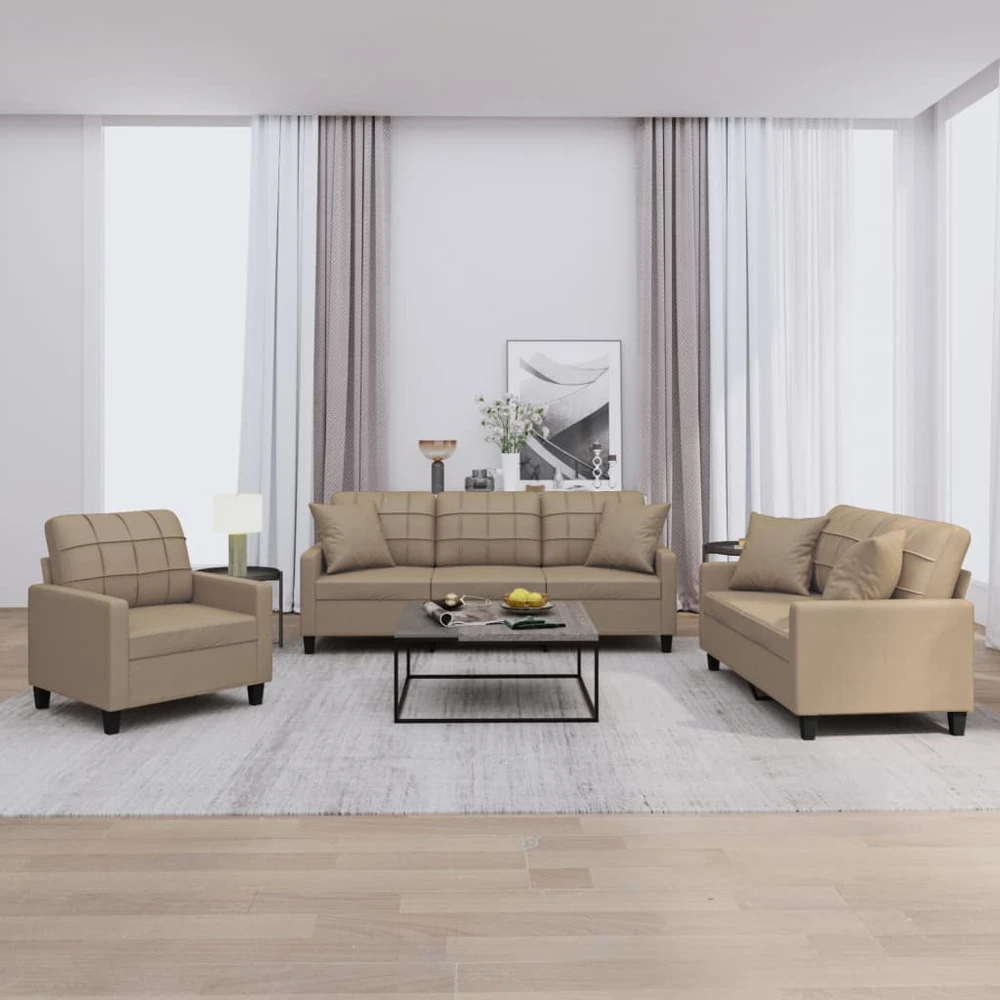 Sofa Sofos komplektas su pagalvėmis, 3 dalių, kapučino, dirbtinė oda