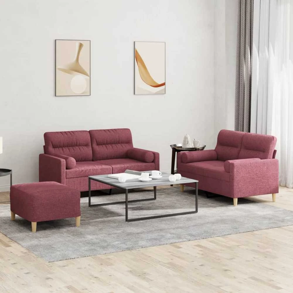 Sofa Sofos komplektas su pagalvėmis, 3 dalių, vyno, audinys