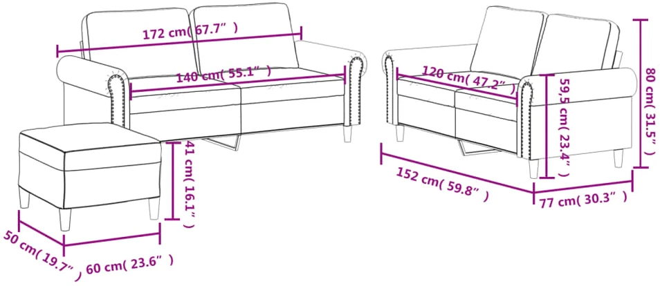 Sofa Sofos komplektas su pagalvėmis, 3 dalių, kreminis, dirbtinė oda