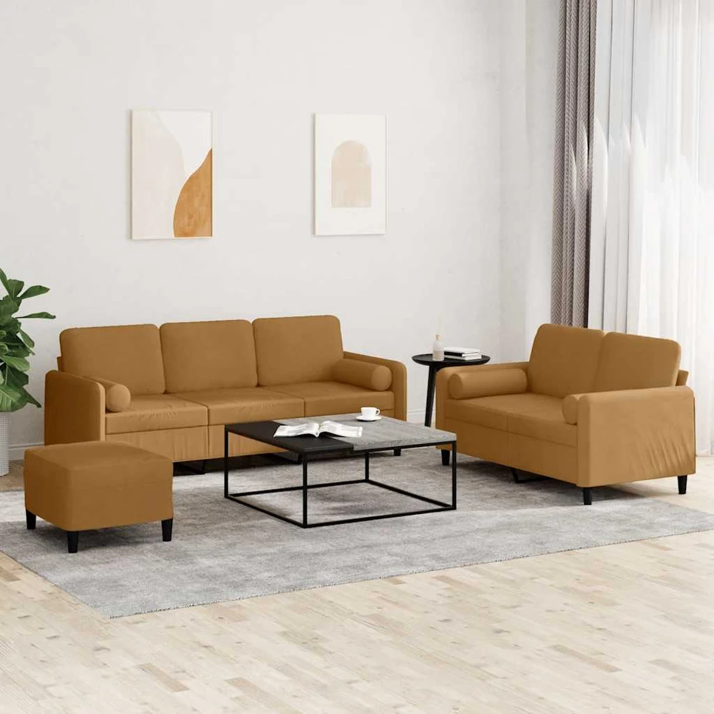 Sofa Sofos komplektas su pagalvėmis, 3 dalių, rudas, aksomas