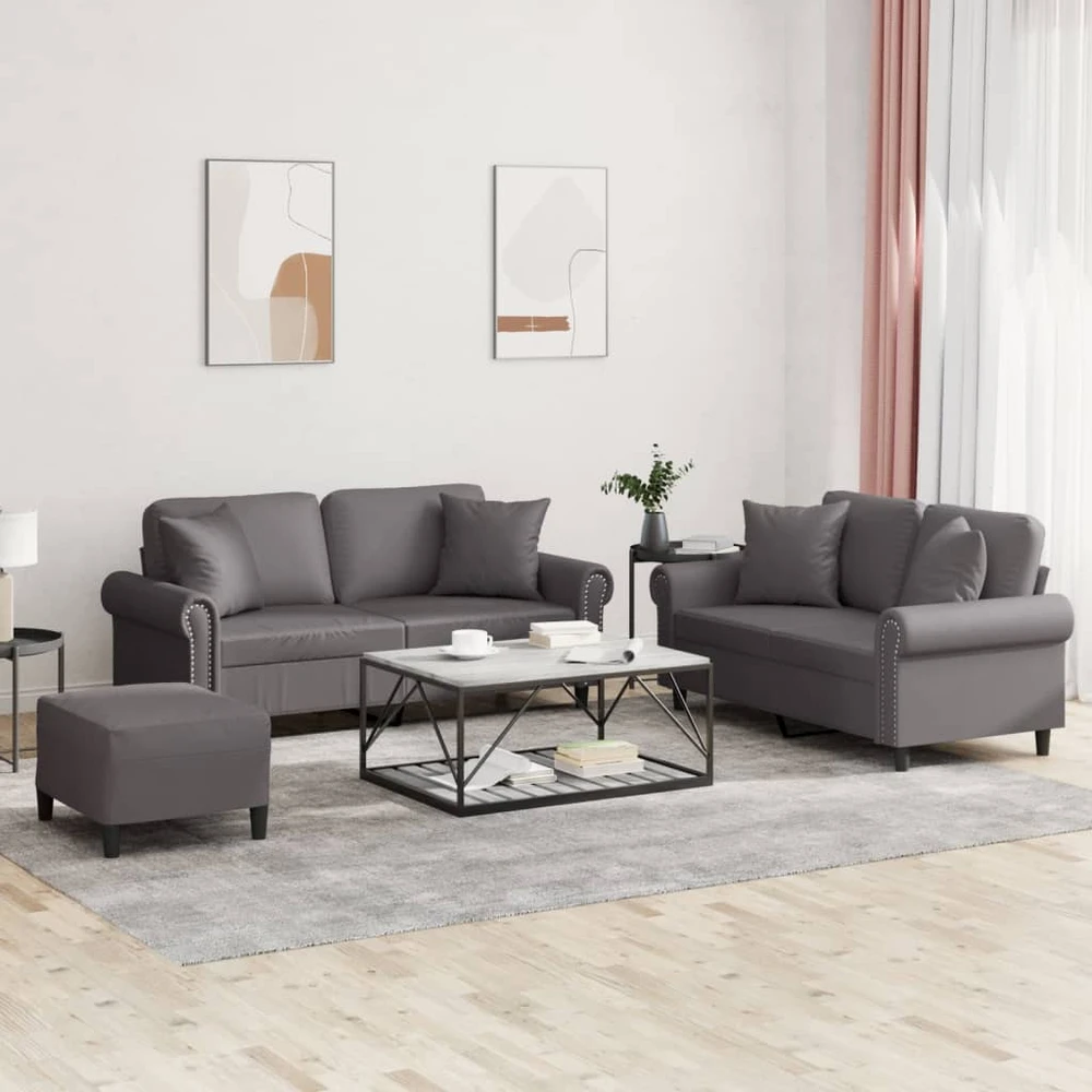 Sofa Sofos komplektas su pagalvėmis, 3 dalių, pilkas, dirbtinė oda