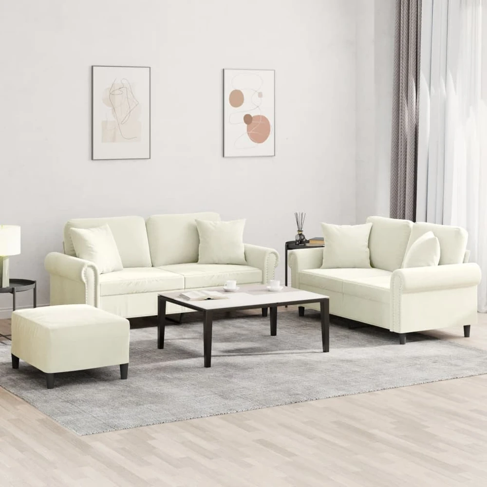 Sofa Sofos komplektas su pagalvėmis, 3 dalių, kreminis, aksomas