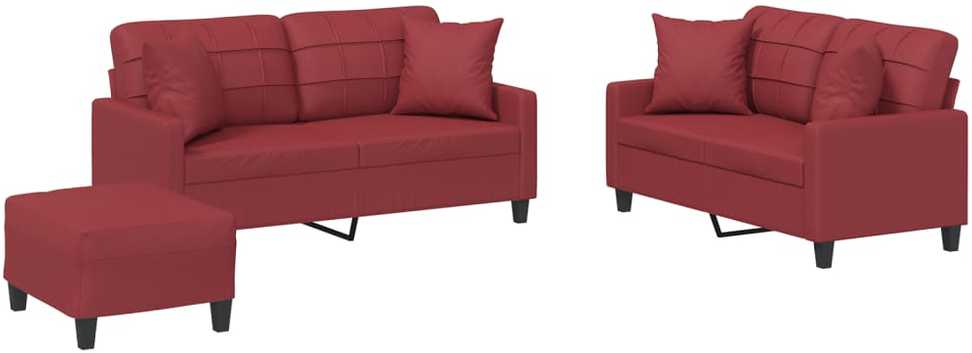Sofa Sofos komplektas su pagalvėmis, 3 dalių, vyno, dirbtinė oda
